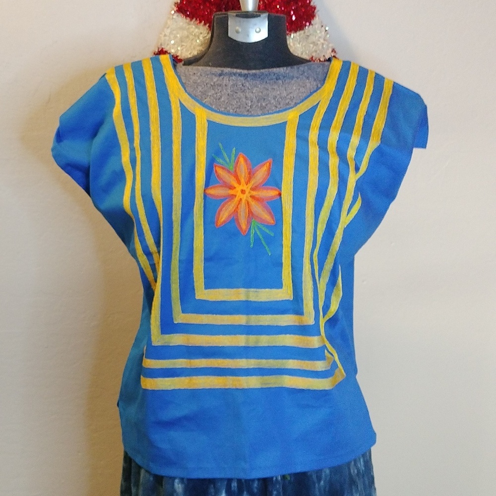 Handcrafted Blue and yellow poplin blouse from Oaxaca